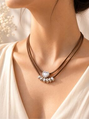 5/25 ✨✨ Brown Suede Layered Necklace with Silver Heart and Teardrop Charms